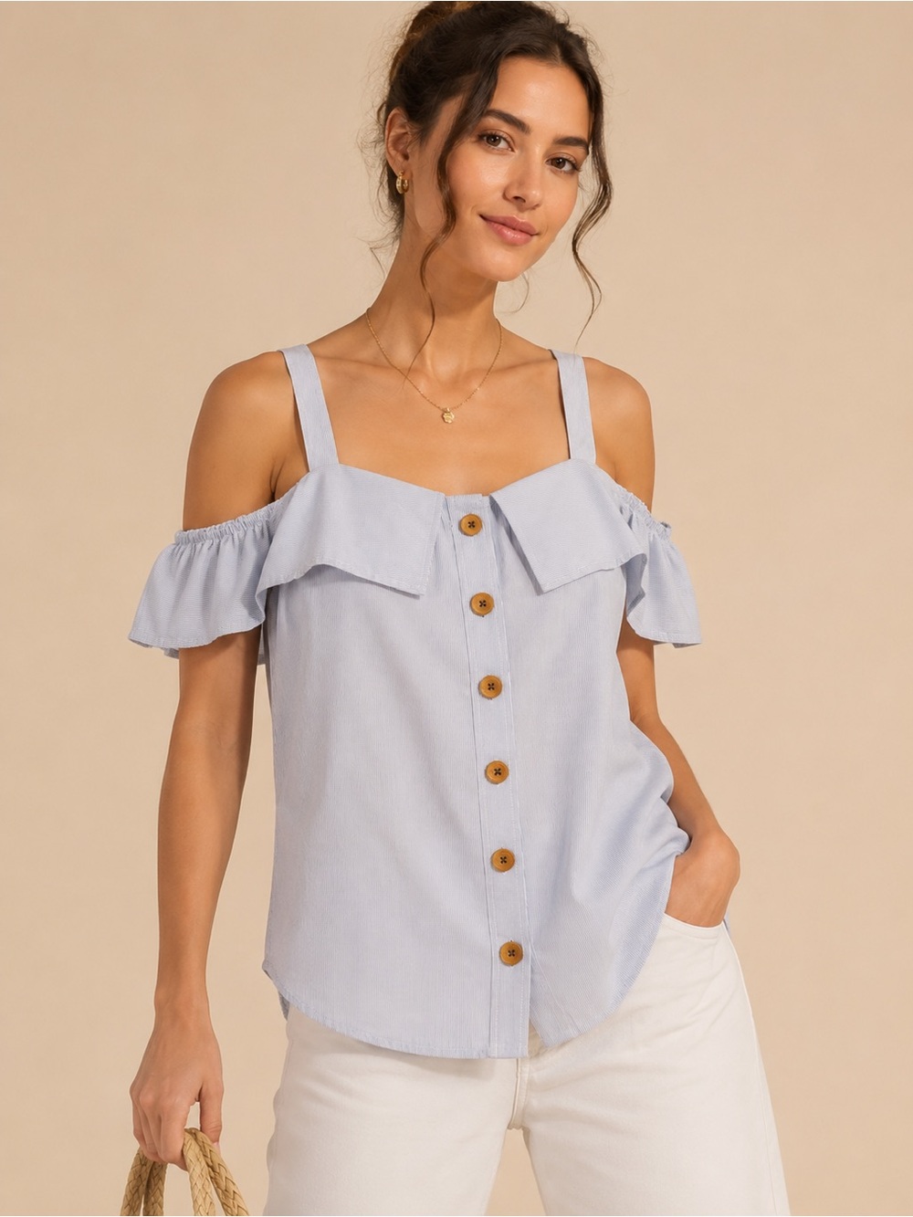 Maeve Anthropologie Cold Shoulder Pinstripe Top | Size 4 | Blue Ruffle Button
